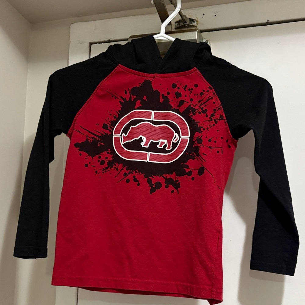 Ecko Unlimited Red & Black Hooded Raglan Top with Rhino Logo